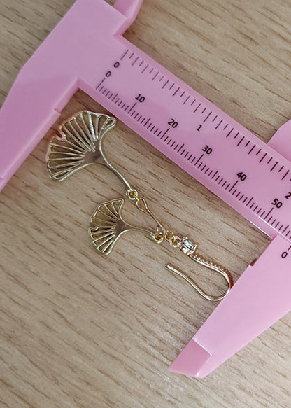 Golden Ginkgo Leaf Zircon Drop Earrings