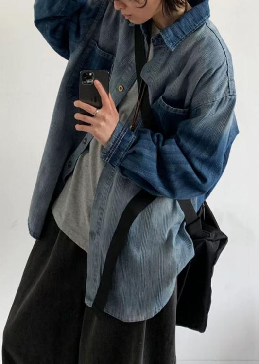 Vintage Gradient Color Peter Pan Collar Button Denim Mens Shirts Spring