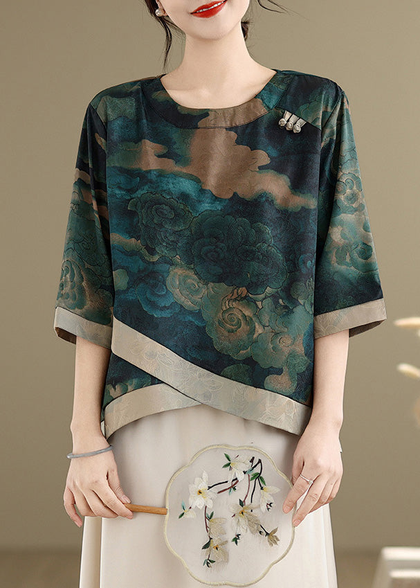 Green Asymmetrical Print Silk Blouses Half Sleeve
