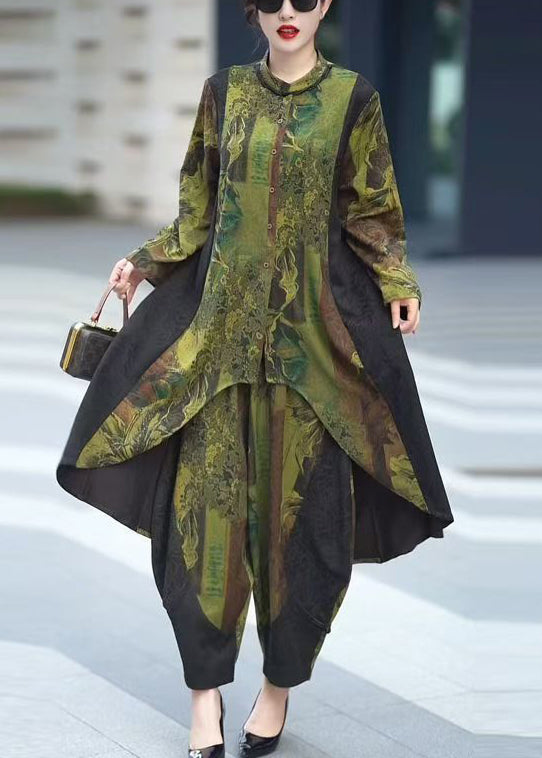 Green Button Patchwork Tops and Crop Pants Silk Two Pieces Set Spring