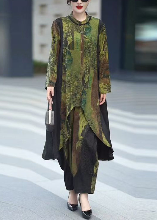 Green Button Patchwork Tops and Crop Pants Silk Two Pieces Set Spring