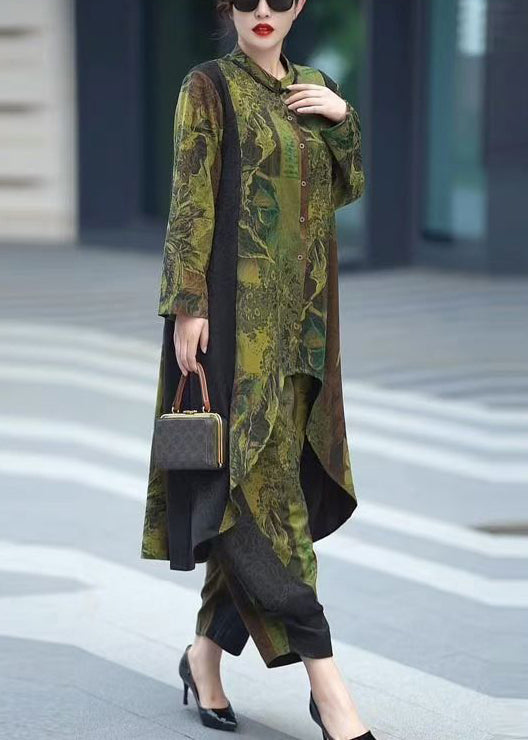 Green Button Patchwork Tops and Crop Pants Silk Two Pieces Set Spring