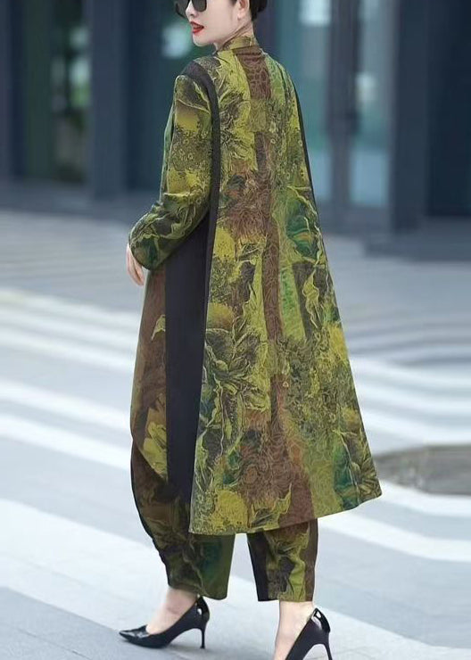 Green Button Patchwork Tops and Crop Pants Silk Two Pieces Set Spring