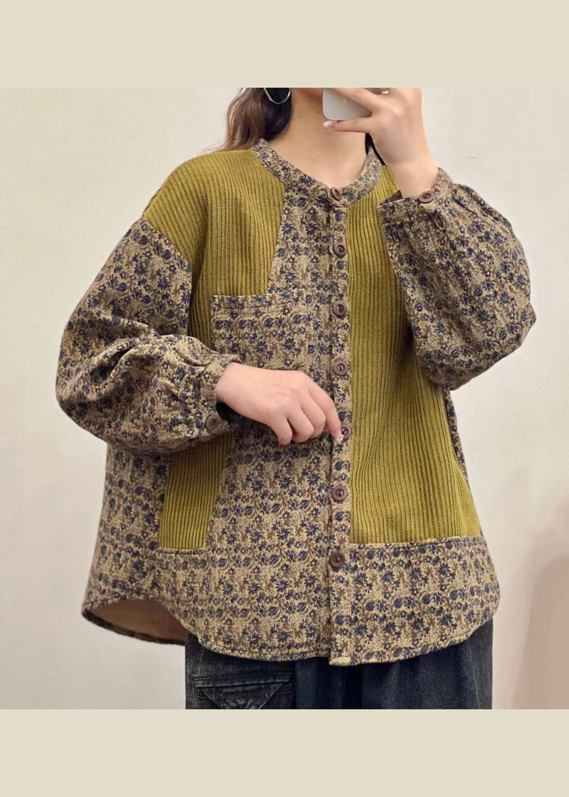 Button Print Patchwork Linen Shirt Top Fall