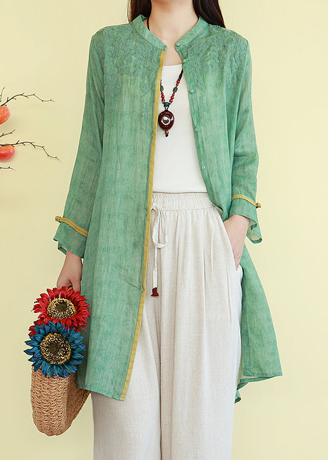 Vintage Green Button Thin Patchwork Linen Blouses