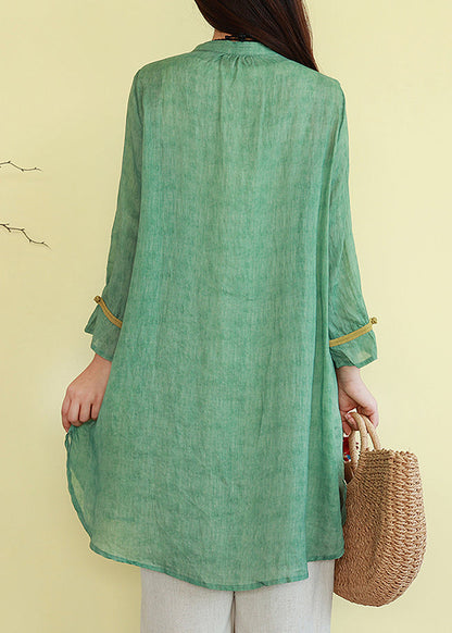 Vintage Green Button Thin Patchwork Linen Blouses