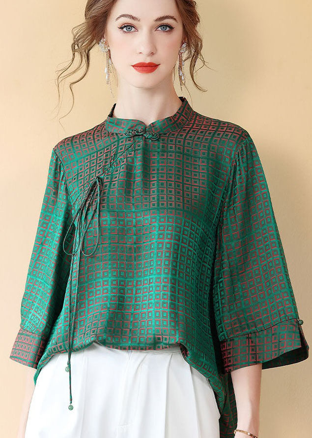 Green Chinese Button Jacquard Patchwork Silk Shirt Tops Summer