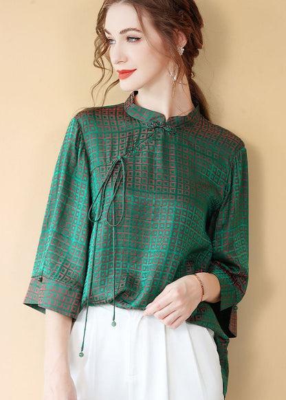Green Chinese Button Jacquard Patchwork Silk Shirt Tops Summer