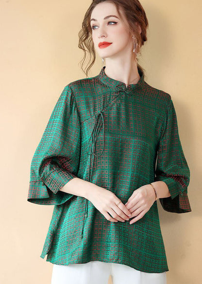 Green Chinese Button Jacquard Patchwork Silk Shirt Tops Summer