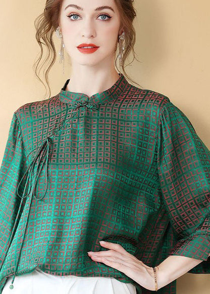 Green Chinese Button Jacquard Patchwork Silk Shirt Tops Summer