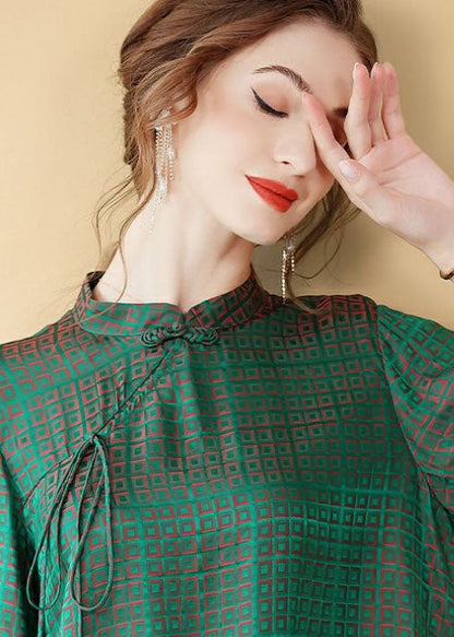 Green Chinese Button Jacquard Patchwork Silk Shirt Tops Summer