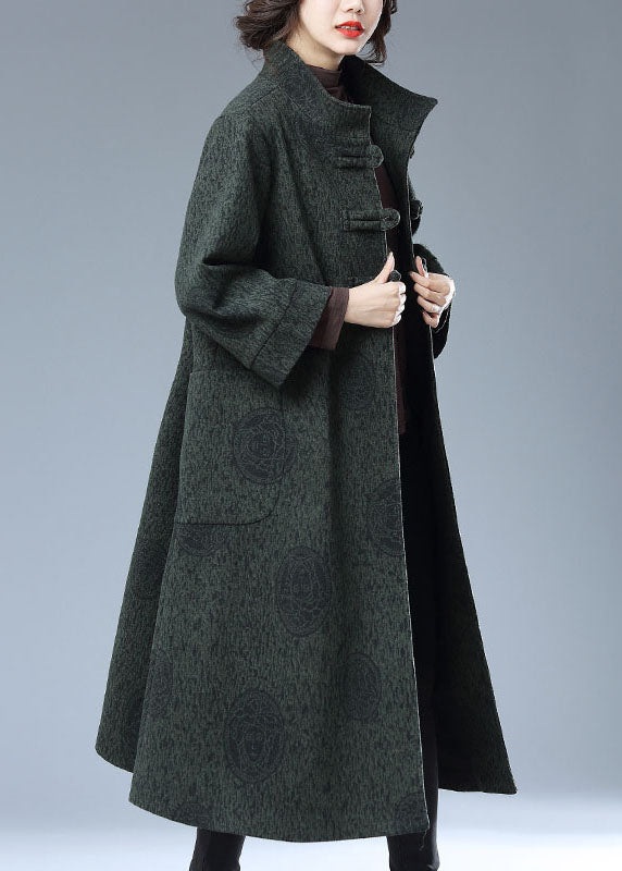 Green Chinese Button Print Pockets Patchwork Woolen Long Trench Coat Fall