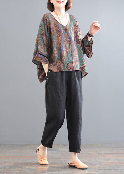Green Chocolate V Neck Print Cotton Tops and Pants Two Pieces Set Summer