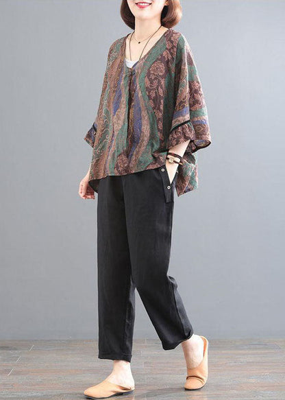 Green Chocolate V Neck Print Cotton Tops and Pants Two Pieces Set Summer