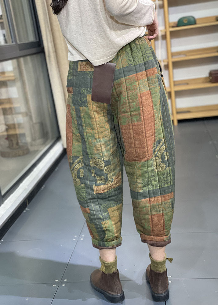 Green Elastic Waist Pockets Print Fine Cotton Filled Crop Pants Winter
