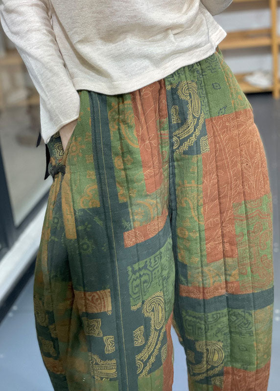Green Elastic Waist Pockets Print Fine Cotton Filled Crop Pants Winter