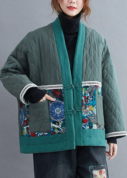 Green Embroideried Patchwork Fine Cotton Filled Winter Coats