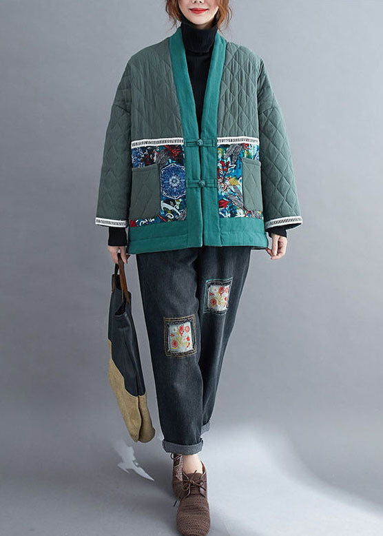 Green Embroideried Patchwork Fine Cotton Filled Winter Coats