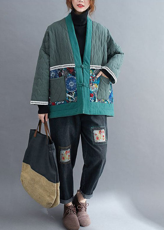 Green Embroideried Patchwork Fine Cotton Filled Winter Coats