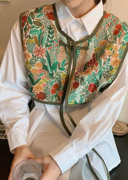 Green Embroideried Patchwork Lace Up Cotton Vest Sleeveless