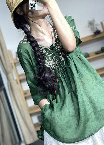 Green Embroideried Patchwork Lace Up Linen Top Short Sleeve