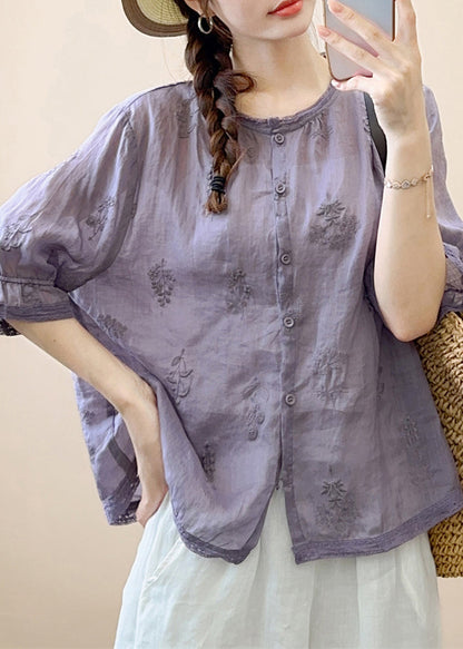 Green Embroideried Patchwork Linen Shirt Summer