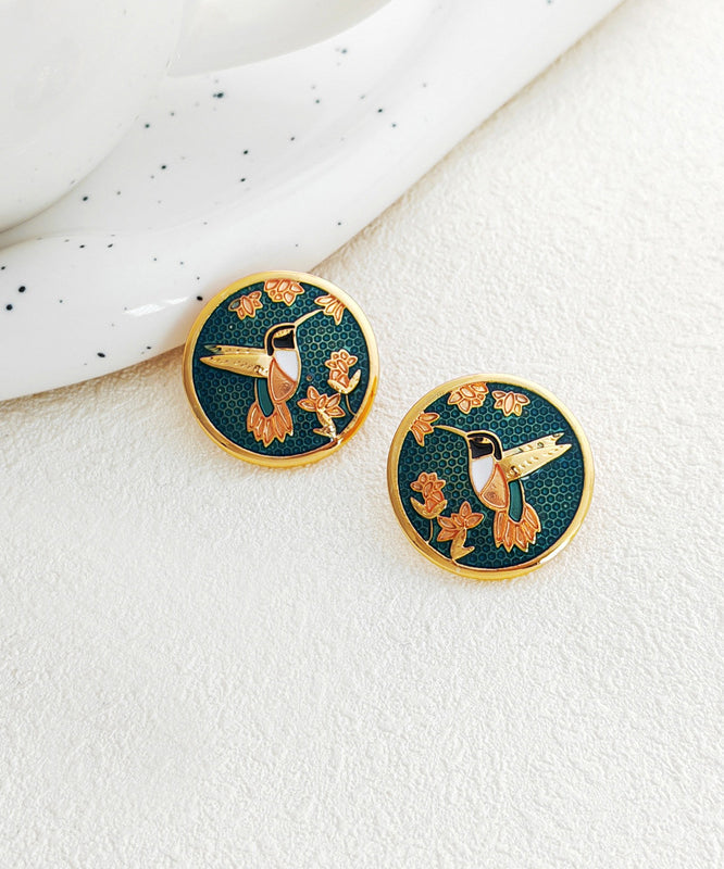 Green Hummingbird Among Flowers Stud Earrings