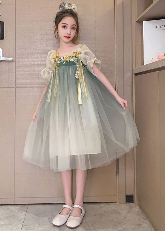 Green Gradient Embroideried Patchwork Tulle Baby Dresses Summer