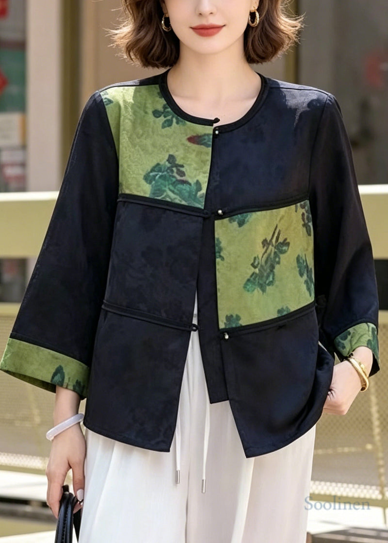 Green Jacquard Patchwork Silk Oriental Coats Bracelet Sleeve