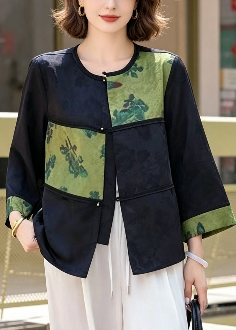 Green Jacquard Patchwork Silk Oriental Coats Bracelet Sleeve