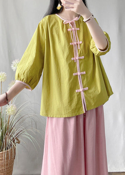 Green Lace Up Chinese Button Cotton Shirt Bracelet Sleeve