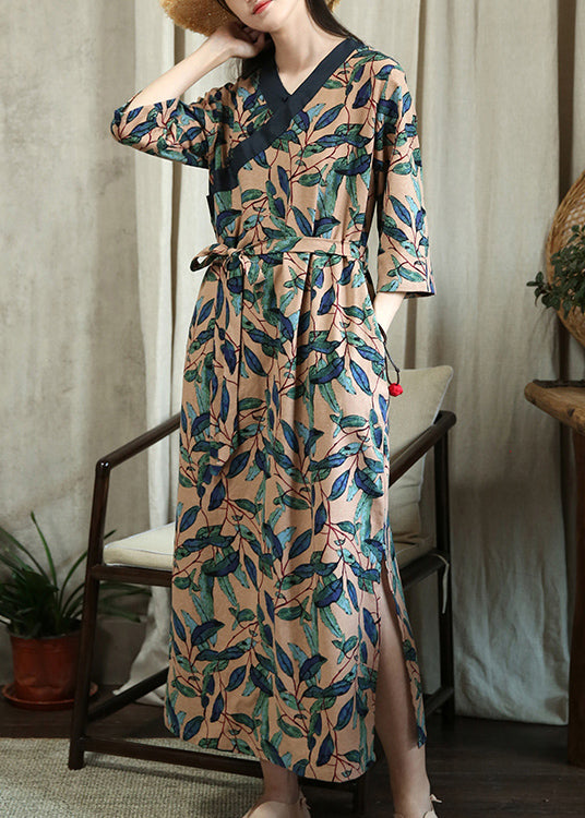 Green Leaves Print Tie Waist Pockets Cotton Maxi Dresses Half Sleeve