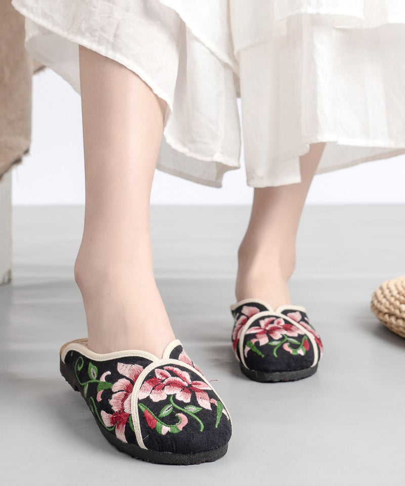 Green Linen Fabric Embroideried Comfy Slide Sandals
