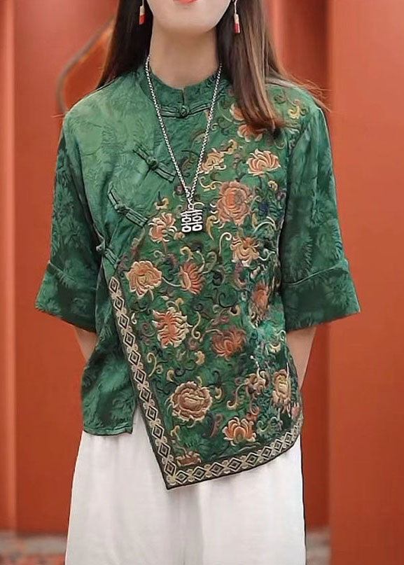 Green Mandarin Collar Asymmetrical Embroideried Silk Shirts Half Sleeve