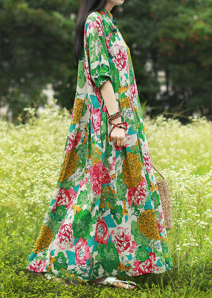 Green Mandarin Collar Cinched Print Maxi Dress Half Sleeve