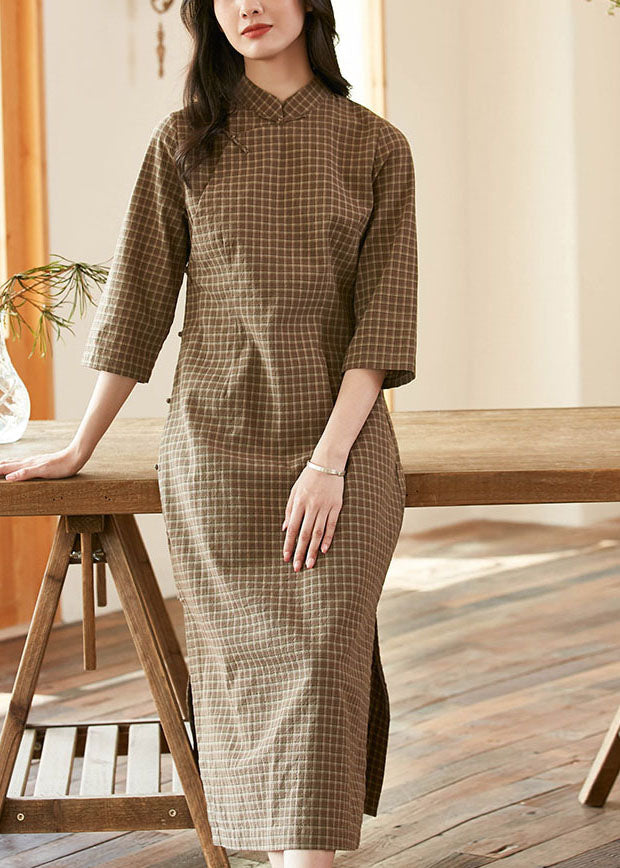 Green Mandarin Collar Plaid Side Open Cotton Cheongsam Dresses Bracelet Sleeve