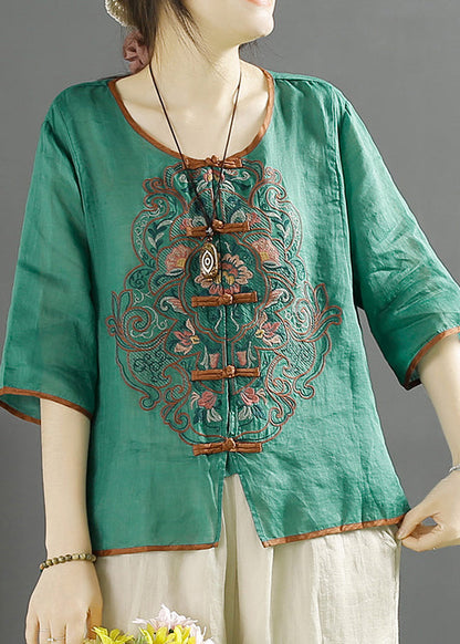 Green O-neck Embroidered Linen Shirt Top Summer