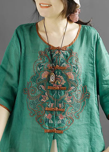Green O-neck Embroidered Linen Shirt Top Summer