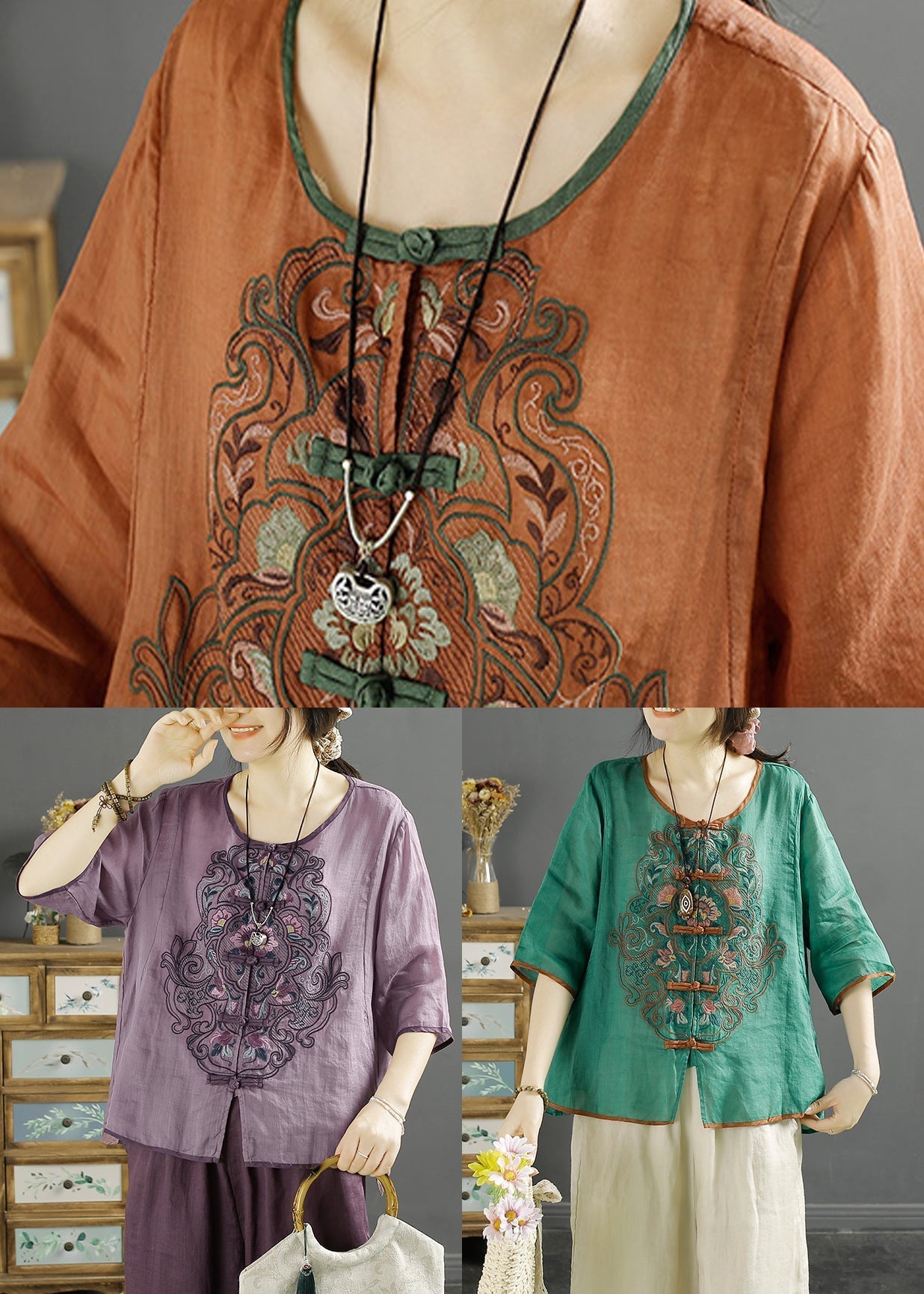 Green O-neck Embroidered Linen Shirt Top Summer