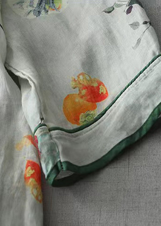 Green O Neck Print Chinese Button Cotton Dress Spring