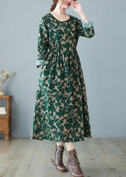 Green O-neck Print Linen Dress Spring