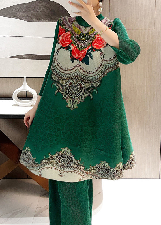 Green O-neck Print Mid Dresses and Crop Pants Two Pieces Set Spring
