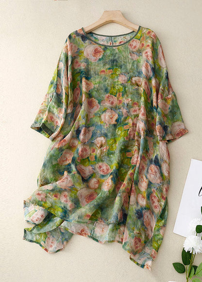 Green O Neck Print Patchwork Linen Mid Dress Bracelet Sleeve