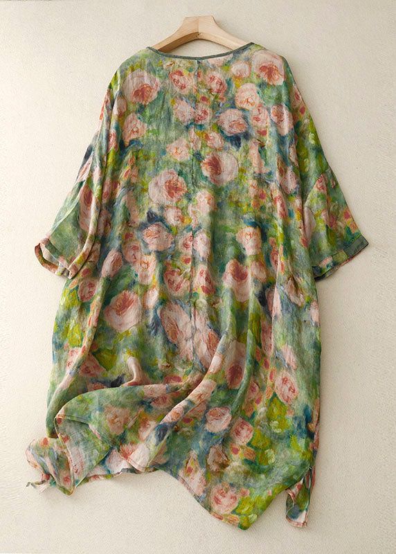 Green O Neck Print Patchwork Linen Mid Dress Bracelet Sleeve