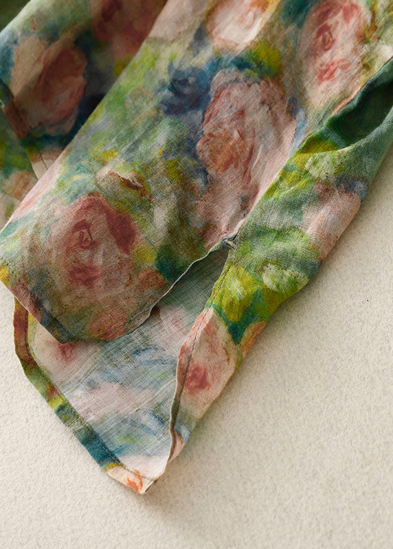 Green O Neck Print Patchwork Linen Mid Dress Bracelet Sleeve