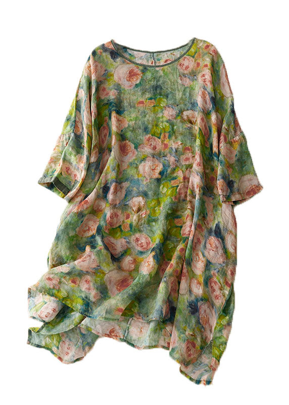 Green O Neck Print Patchwork Linen Mid Dress Bracelet Sleeve