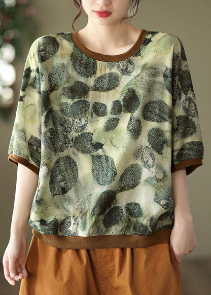 Green O Neck Print Patchwork Linen T Shirt Tops Summer