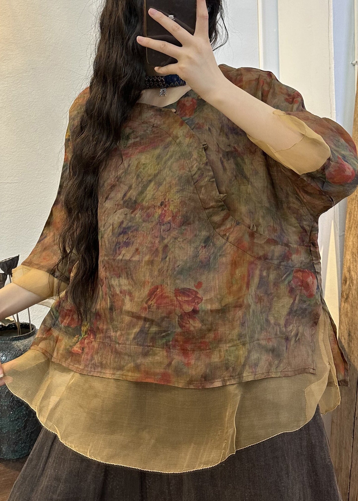 Green O Neck Print Patchwork Linen Top Summer