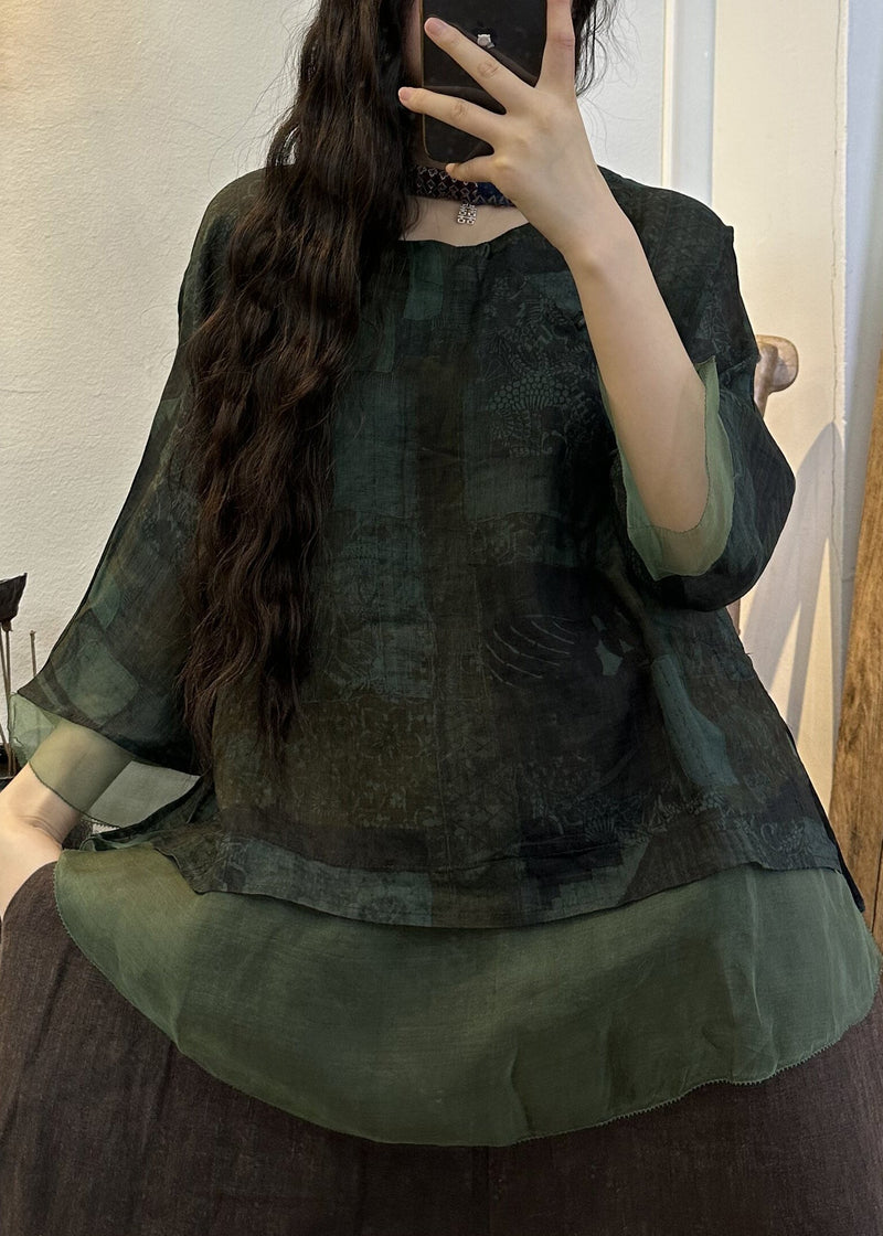 Green O Neck Print Patchwork Linen Top Summer