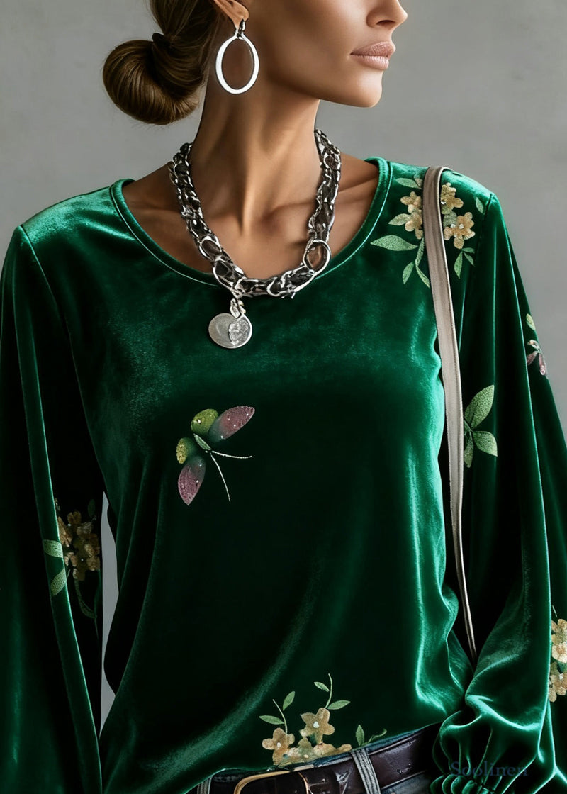 Green O-neck Print Silk Velour Tops Spring